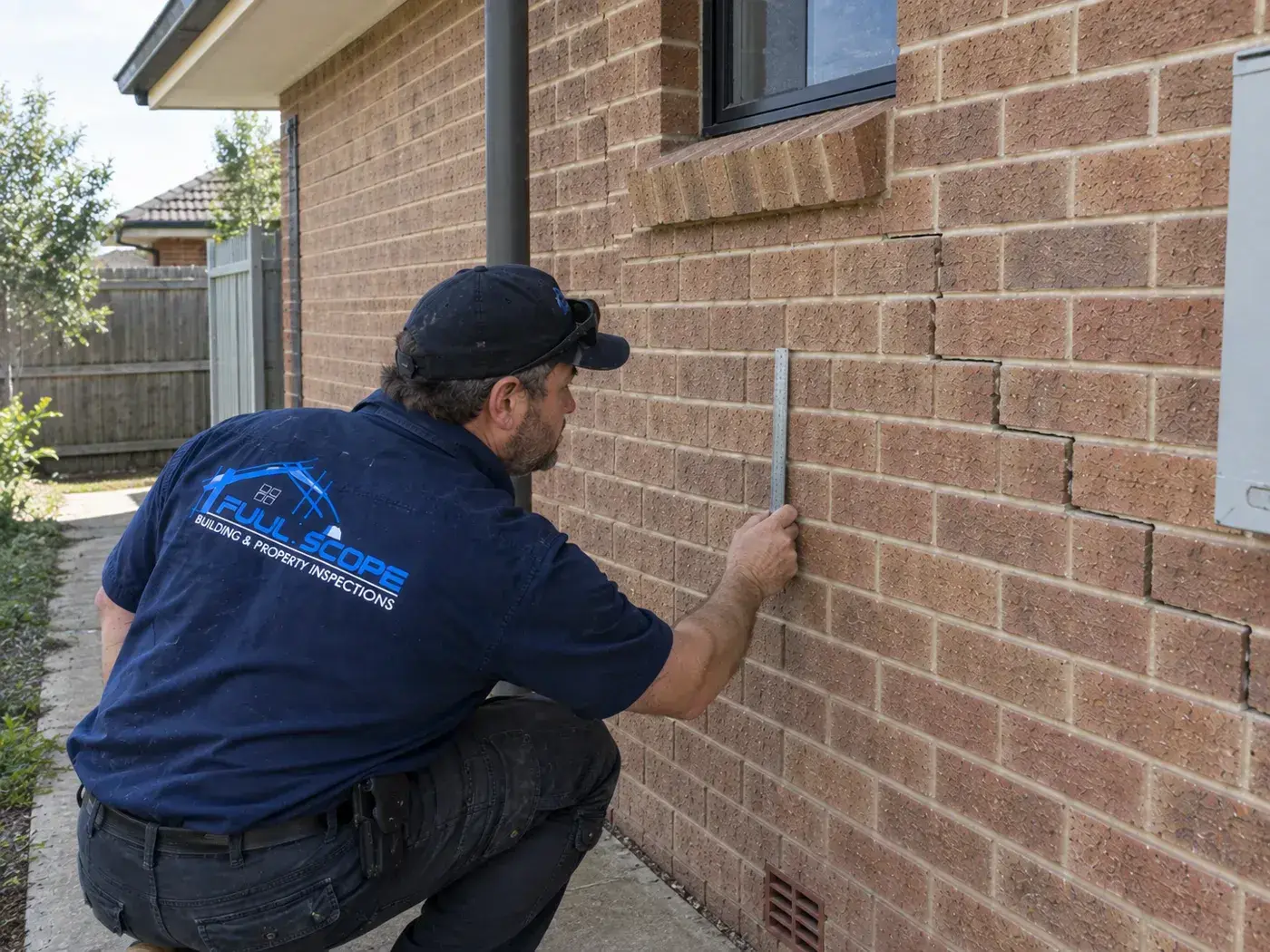 Crack in external brickwork being measured with a straight edge